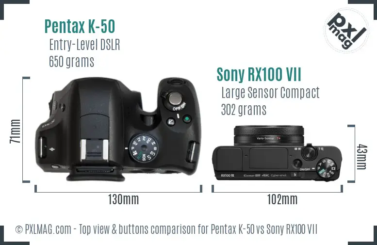 Pentax K-50 vs Sony RX100 VII top view buttons comparison