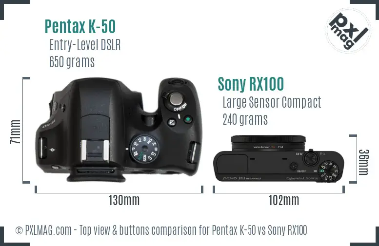 Pentax K-50 vs Sony RX100 top view buttons comparison