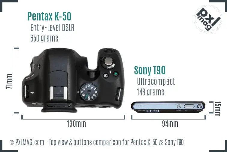 Pentax K-50 vs Sony T90 top view buttons comparison Pentax K-50 vs Sony T90 top view buttons comparison