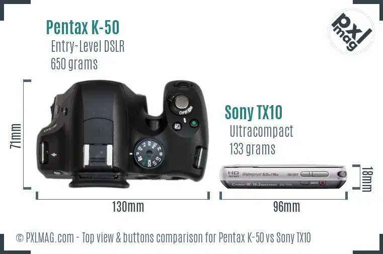 Pentax K-50 vs Sony TX10 top view buttons comparison