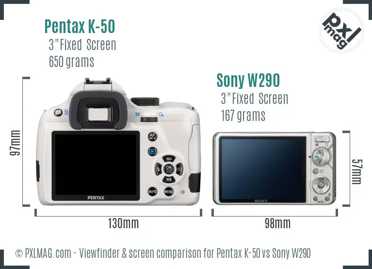 Pentax K-50 vs Sony W290 Screen and Viewfinder comparison