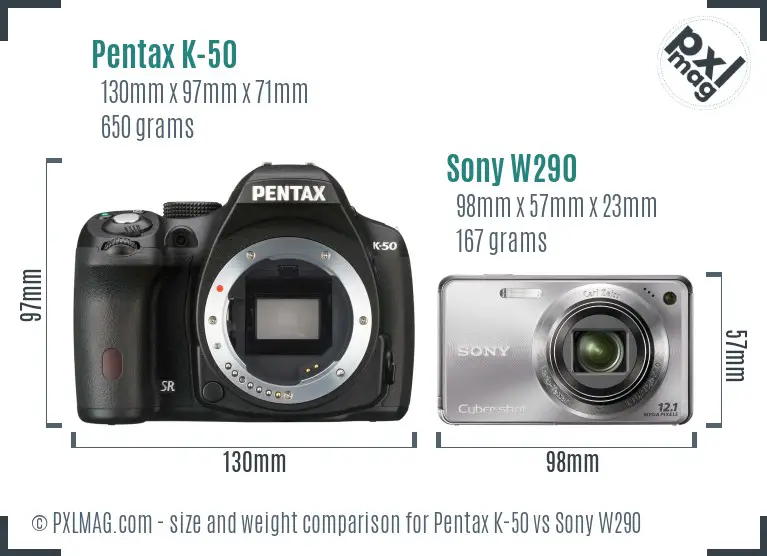 Pentax K-50 vs Sony W290 size comparison