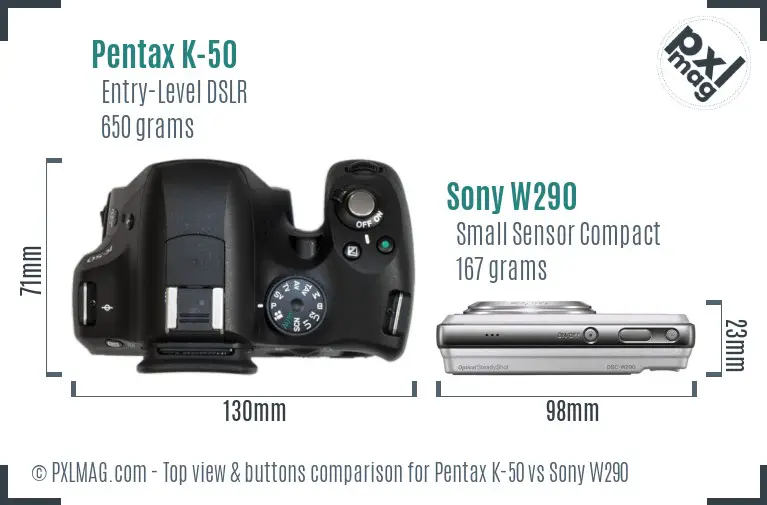 Pentax K-50 vs Sony W290 top view buttons comparison