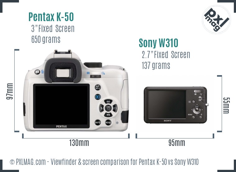 Pentax K-50 vs Sony W310 Screen and Viewfinder comparison
