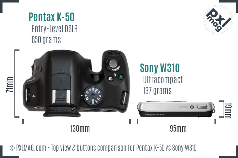 Pentax K-50 vs Sony W310 top view buttons comparison