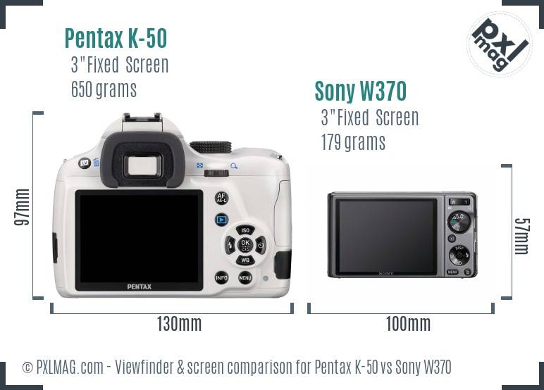 Pentax K-50 vs Sony W370 Screen and Viewfinder comparison