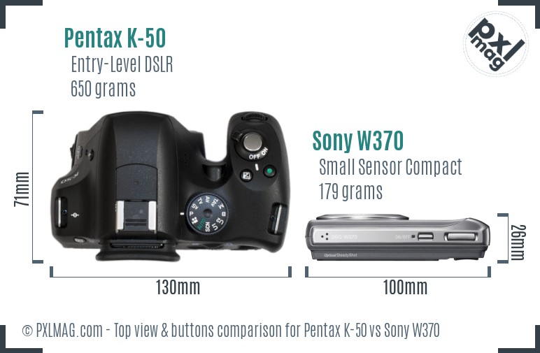Pentax K-50 vs Sony W370 top view buttons comparison