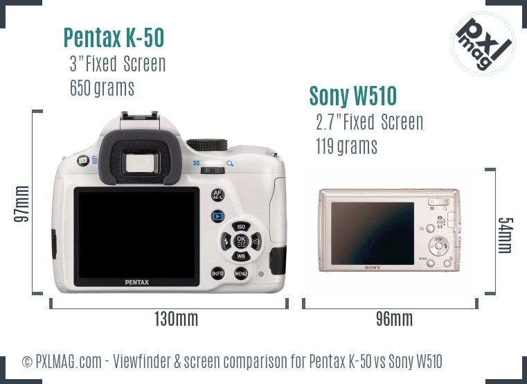 Pentax K-50 vs Sony W510 Screen and Viewfinder comparison