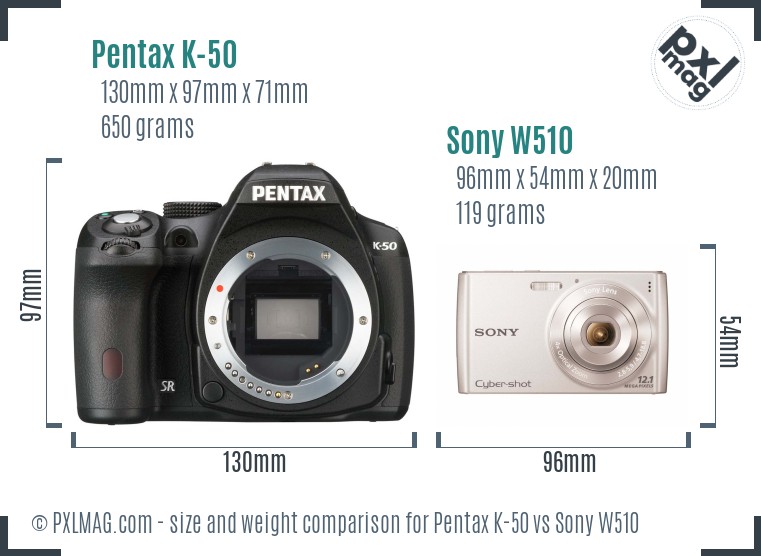 Pentax K-50 vs Sony W510 size comparison
