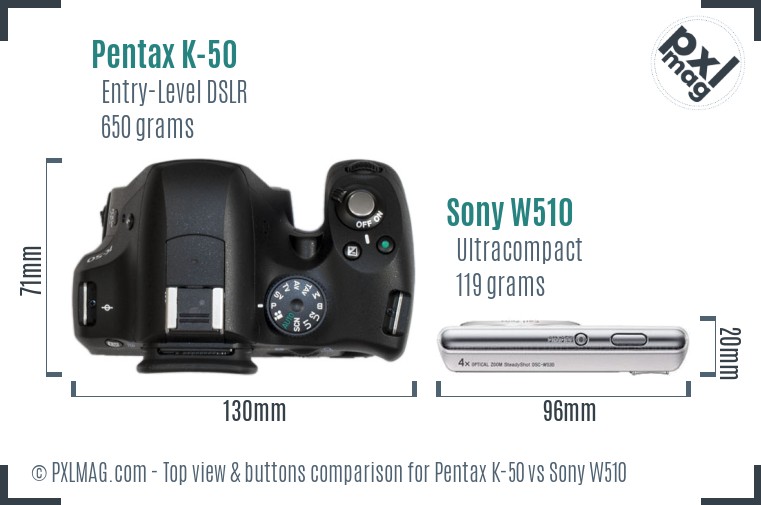 Pentax K-50 vs Sony W510 top view buttons comparison