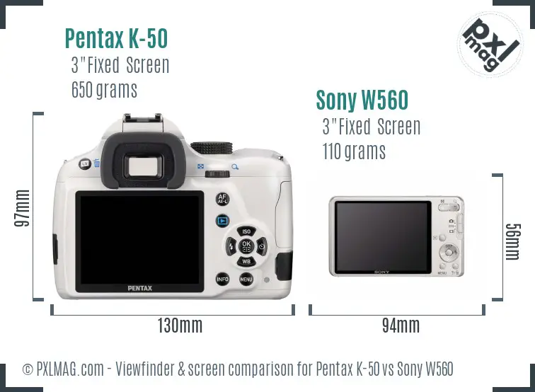 Pentax K-50 vs Sony W560 Screen and Viewfinder comparison