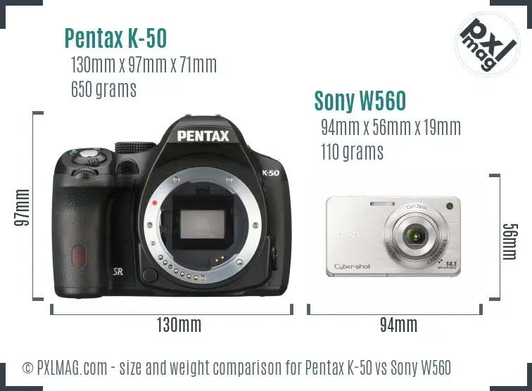 Pentax K-50 vs Sony W560 size comparison