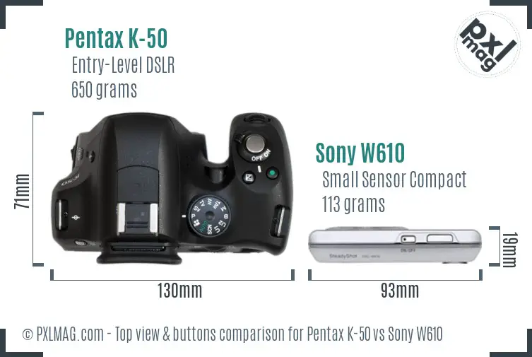 Pentax K-50 vs Sony W610 top view buttons comparison