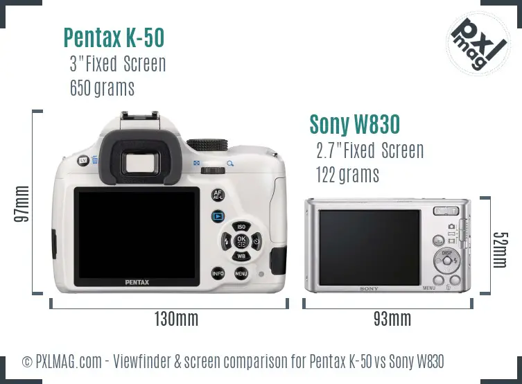 Pentax K-50 vs Sony W830 Screen and Viewfinder comparison