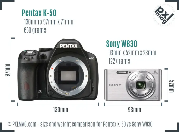 Pentax K-50 vs Sony W830 size comparison