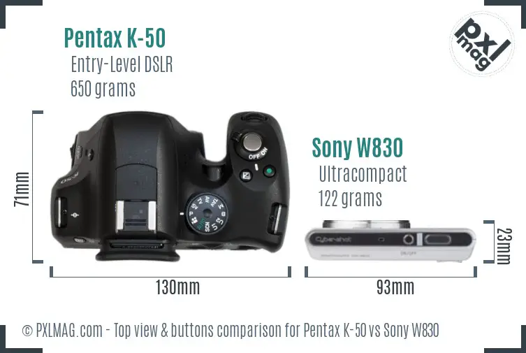 Pentax K-50 vs Sony W830 top view buttons comparison