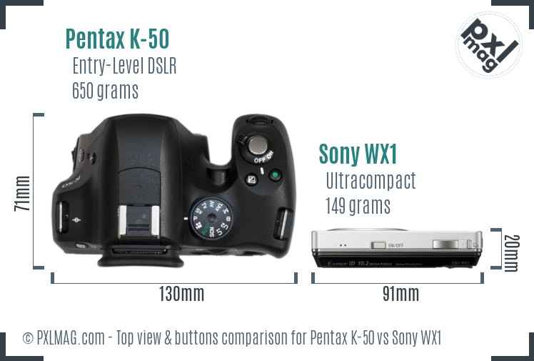 Pentax K-50 vs Sony WX1 top view buttons comparison