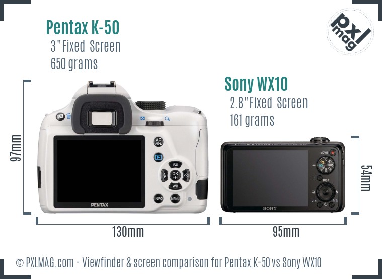 Pentax K-50 vs Sony WX10 Screen and Viewfinder comparison