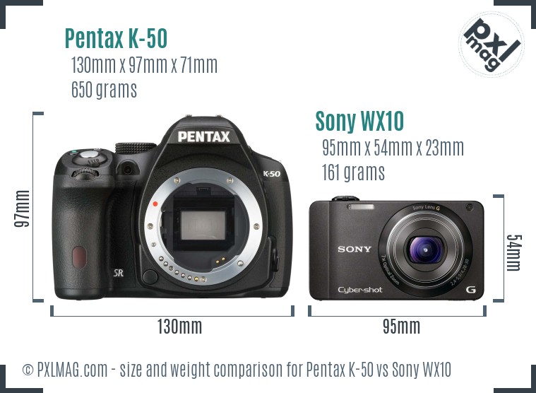 Pentax K-50 vs Sony WX10 size comparison