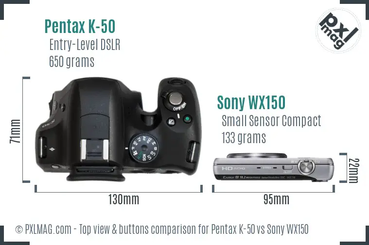 Pentax K-50 vs Sony WX150 top view buttons comparison Pentax K-50 vs Sony WX150 top view buttons comparison