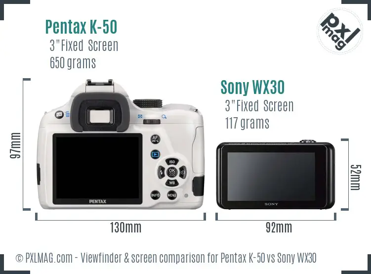 Pentax K-50 vs Sony WX30 Screen and Viewfinder comparison