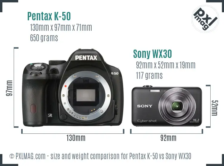 Pentax K-50 vs Sony WX30 size comparison