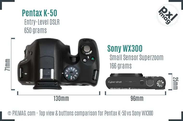 Pentax K-50 vs Sony WX300 top view buttons comparison