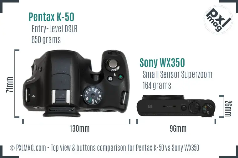 Pentax K-50 vs Sony WX350 top view buttons comparison Pentax K-50 vs Sony WX350 top view buttons comparison