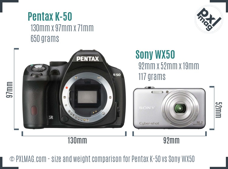 Pentax K-50 vs Sony WX50 size comparison