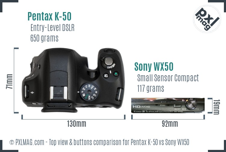 Pentax K-50 vs Sony WX50 top view buttons comparison