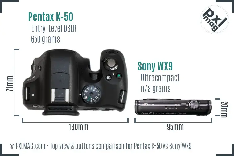 Pentax K-50 vs Sony WX9 top view buttons comparison Pentax K-50 vs Sony WX9 top view buttons comparison