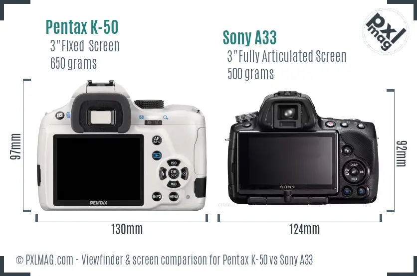 Pentax K-50 vs Sony A33 Screen and Viewfinder comparison