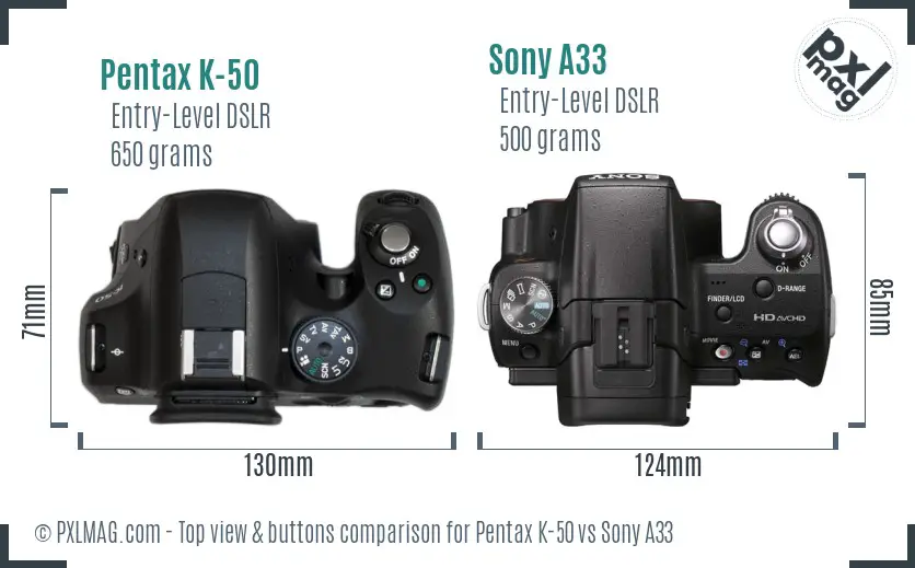 Pentax K-50 vs Sony A33 top view buttons comparison