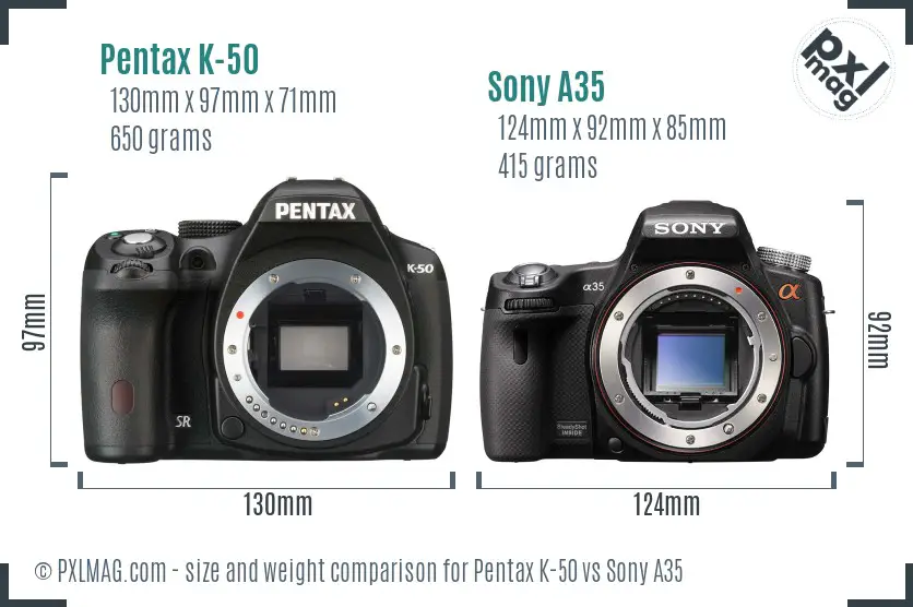 Pentax K-50 vs Sony A35 size comparison