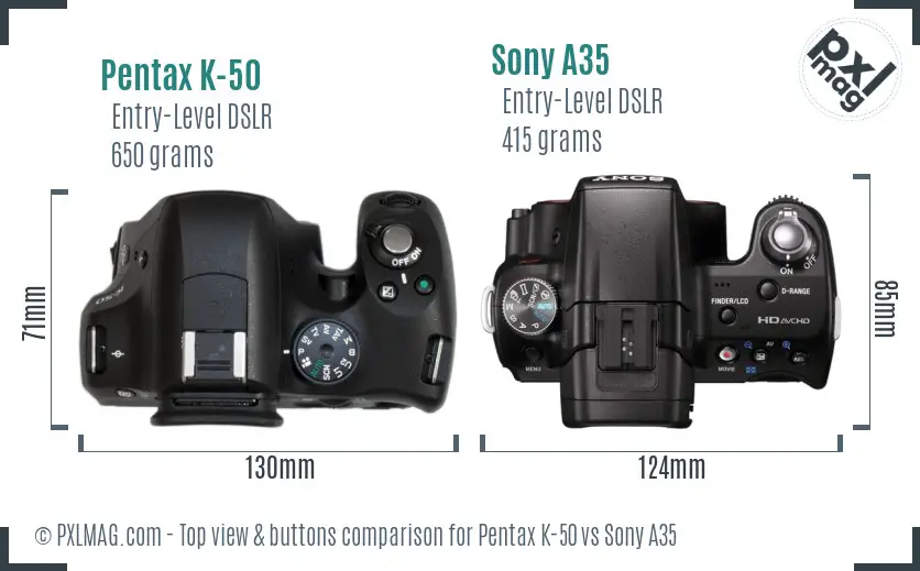 Pentax K-50 vs Sony A35 top view buttons comparison