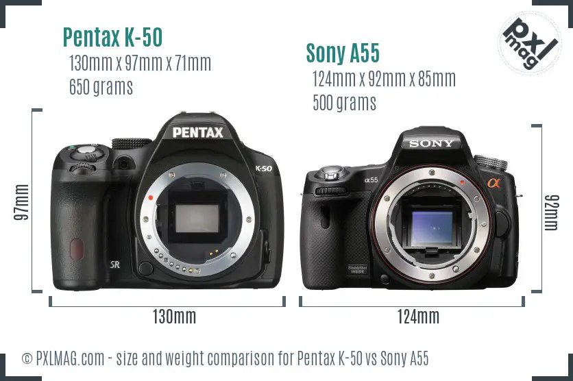 Pentax K-50 vs Sony A55 size comparison