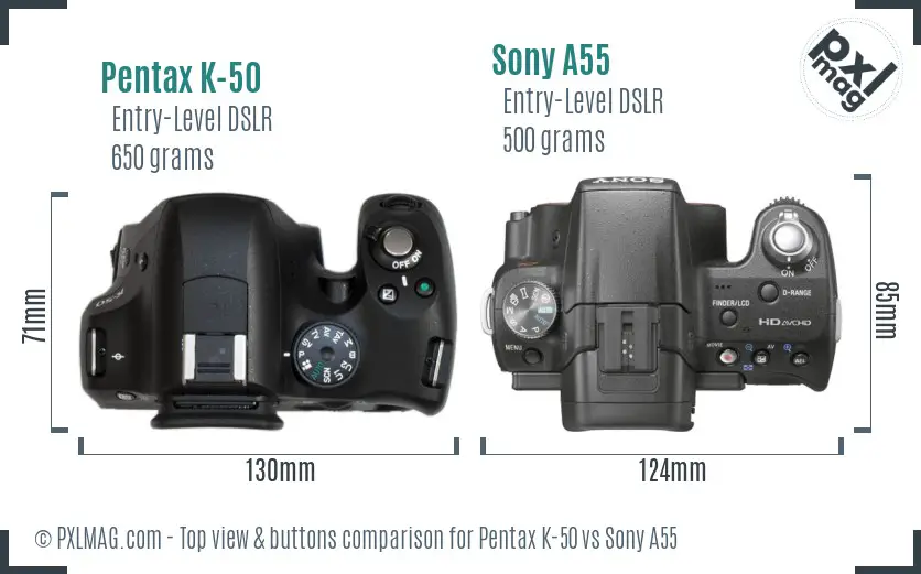 Pentax K-50 vs Sony A55 top view buttons comparison