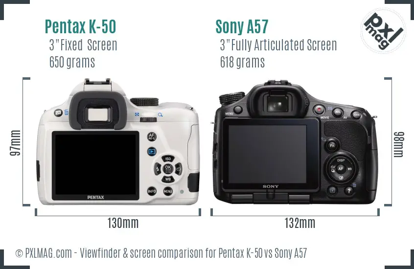 Pentax K-50 vs Sony A57 Screen and Viewfinder comparison