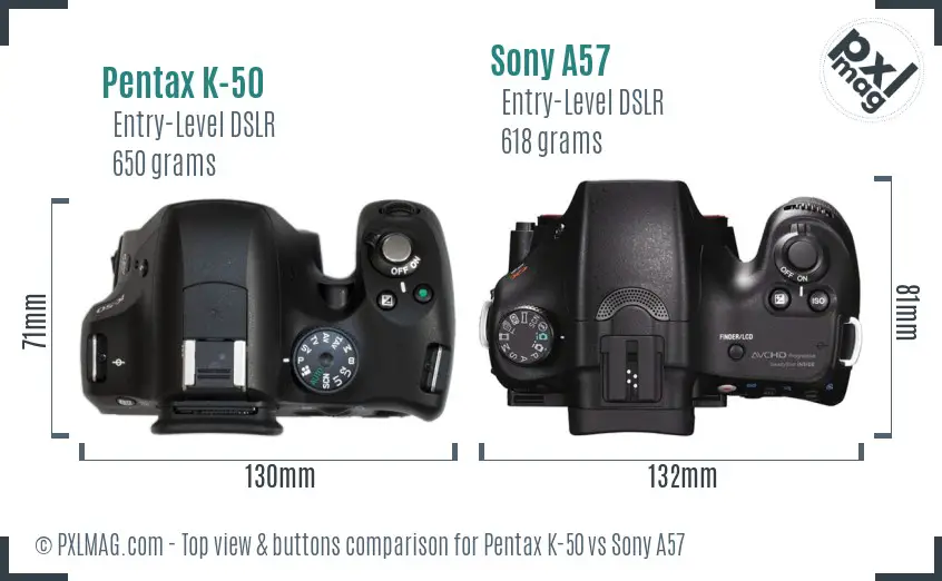 Pentax K-50 vs Sony A57 top view buttons comparison