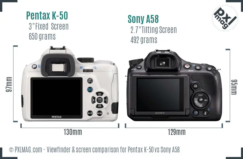 Pentax K-50 vs Sony A58 Screen and Viewfinder comparison