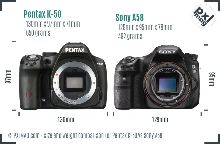 Pentax K-50 vs Sony A58 size comparison
