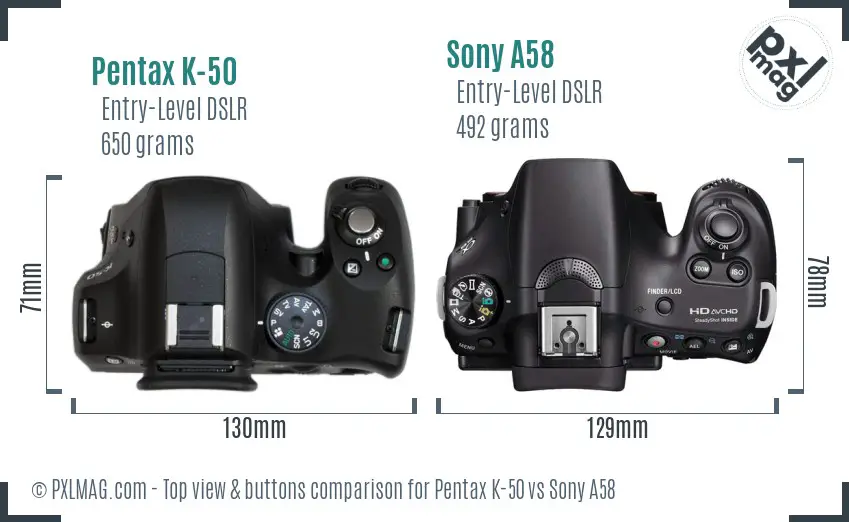 Pentax K-50 vs Sony A58 top view buttons comparison
