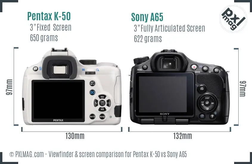 Pentax K-50 vs Sony A65 Screen and Viewfinder comparison
