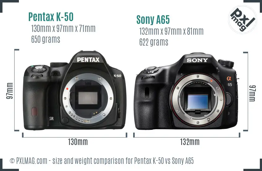 Pentax K-50 vs Sony A65 size comparison