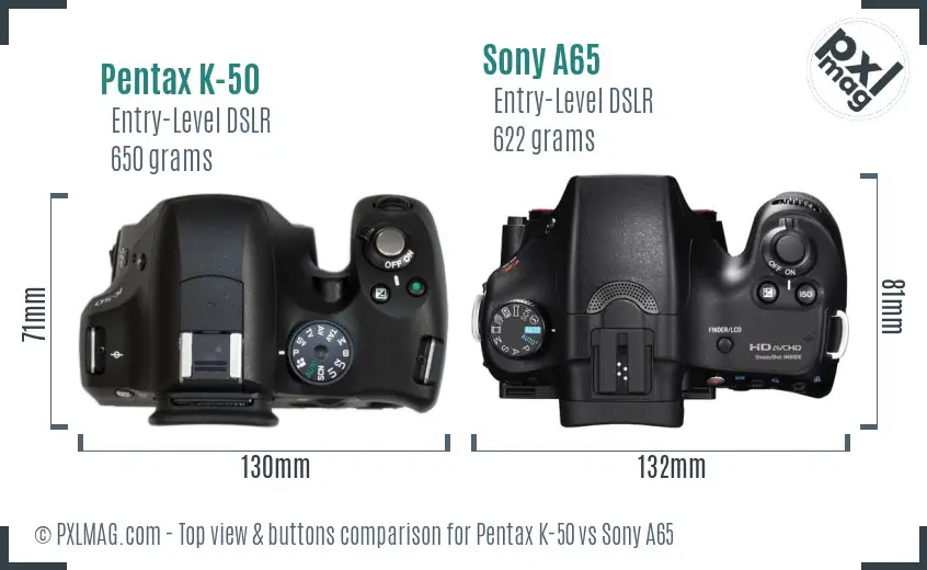 Pentax K-50 vs Sony A65 top view buttons comparison