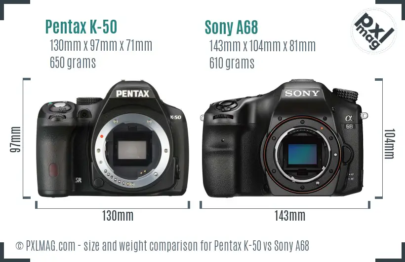 Pentax K-50 vs Sony A68 size comparison
