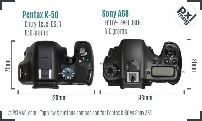 Pentax K-50 vs Sony A68 top view buttons comparison