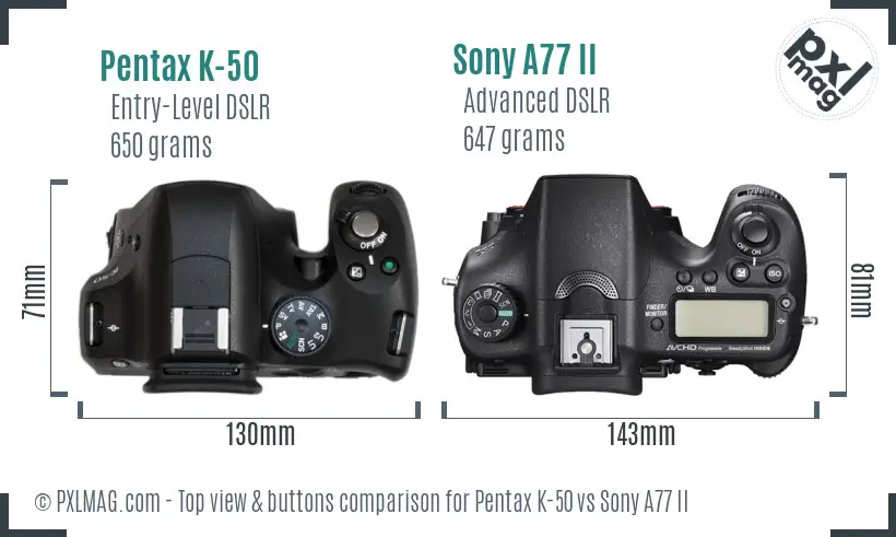 Pentax K-50 vs Sony A77 II top view buttons comparison Pentax K-50 vs Sony A77 II top view buttons comparison