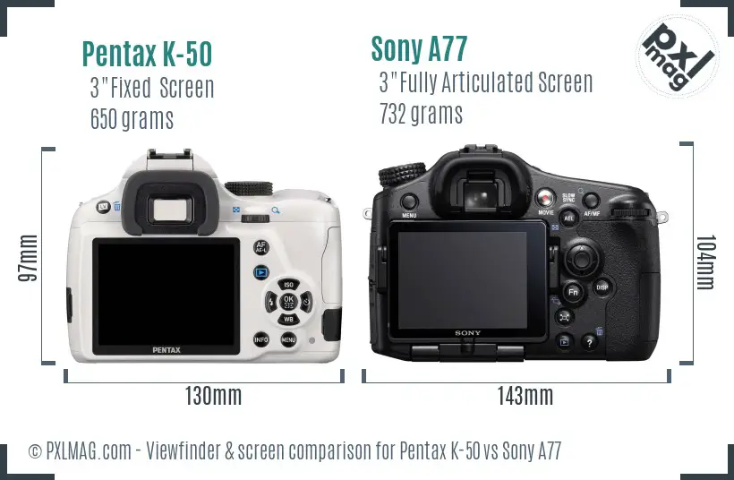 Pentax K-50 vs Sony A77 Screen and Viewfinder comparison