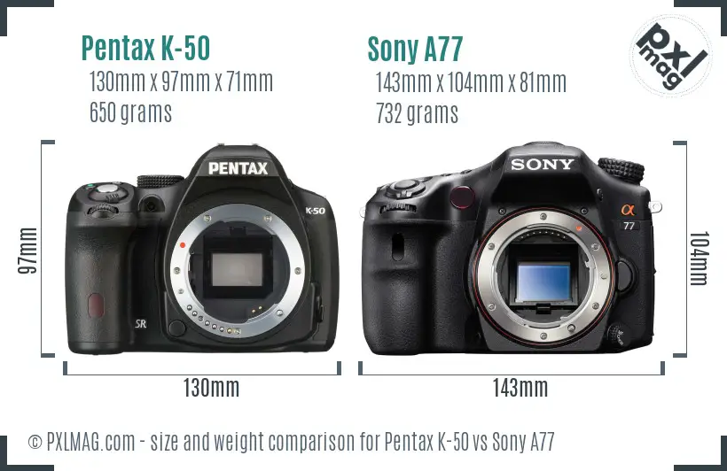 Pentax K-50 vs Sony A77 size comparison